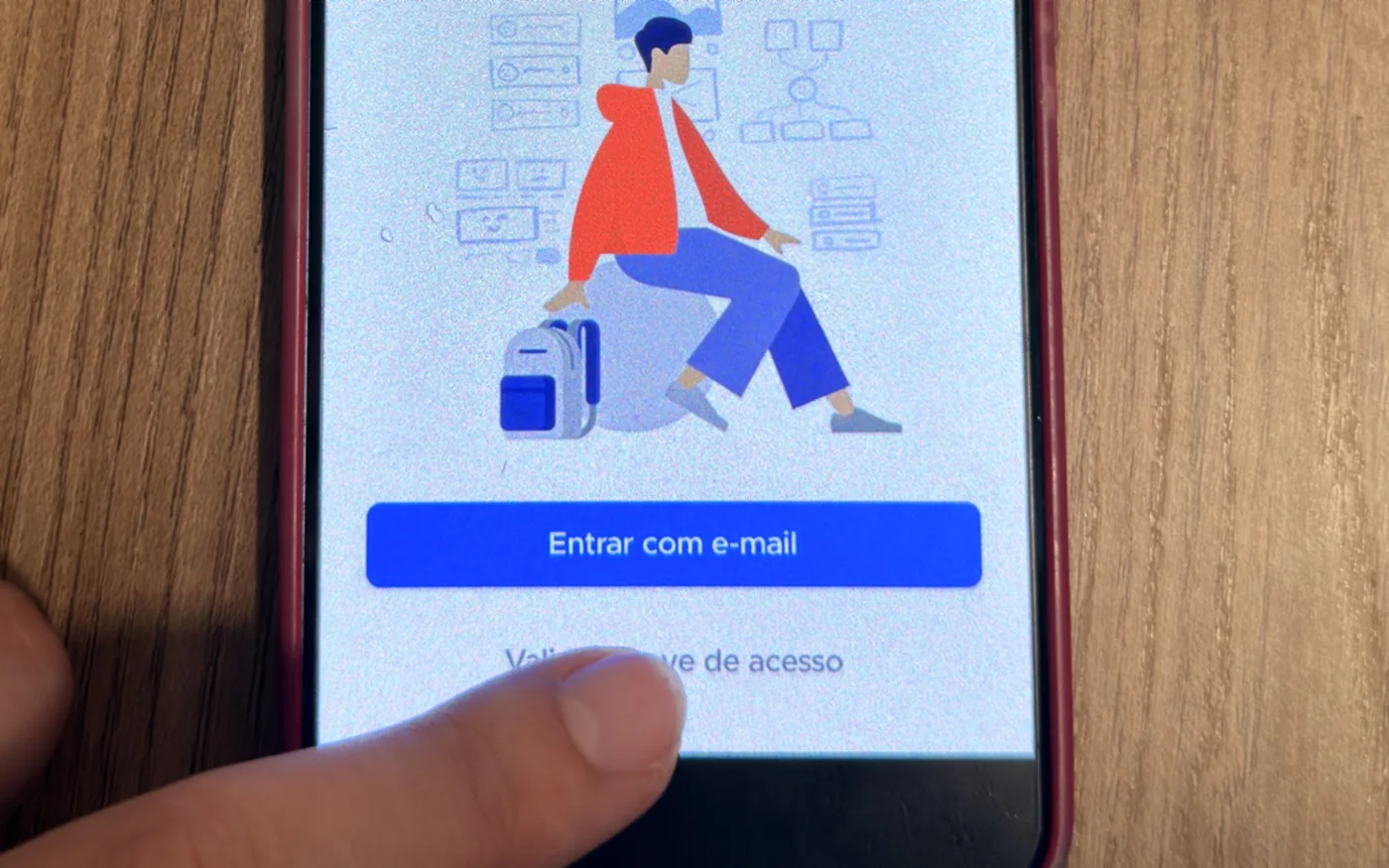 Tela de boas-vindas do app, com o acesso por chave em destaque